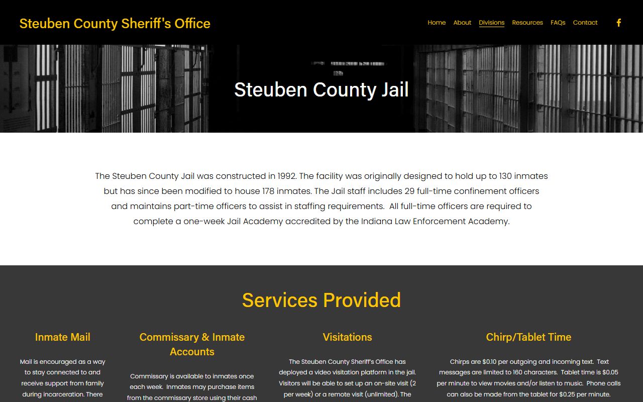 Steuben County Jail overview page with jail capacity and inmate services